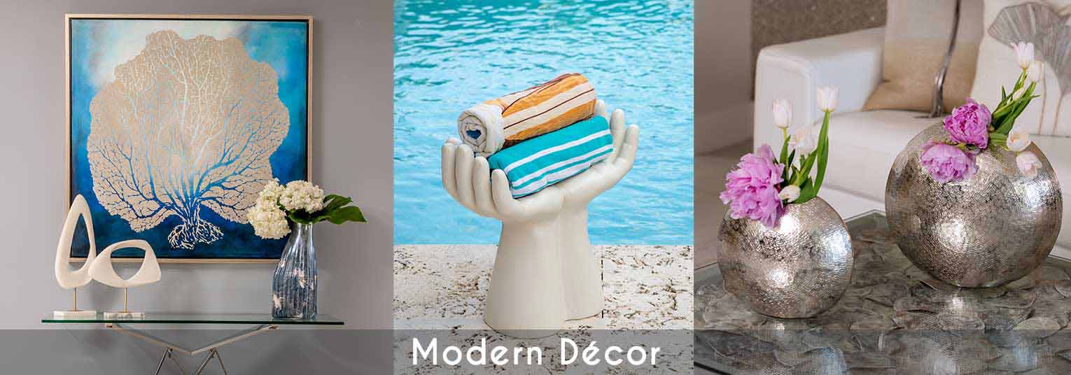 Modern Accessories. Modern Decor, Modern Pillows, Modern Mirrors, Art, Modern Portable Fireplaces and Floral Arrangements 
