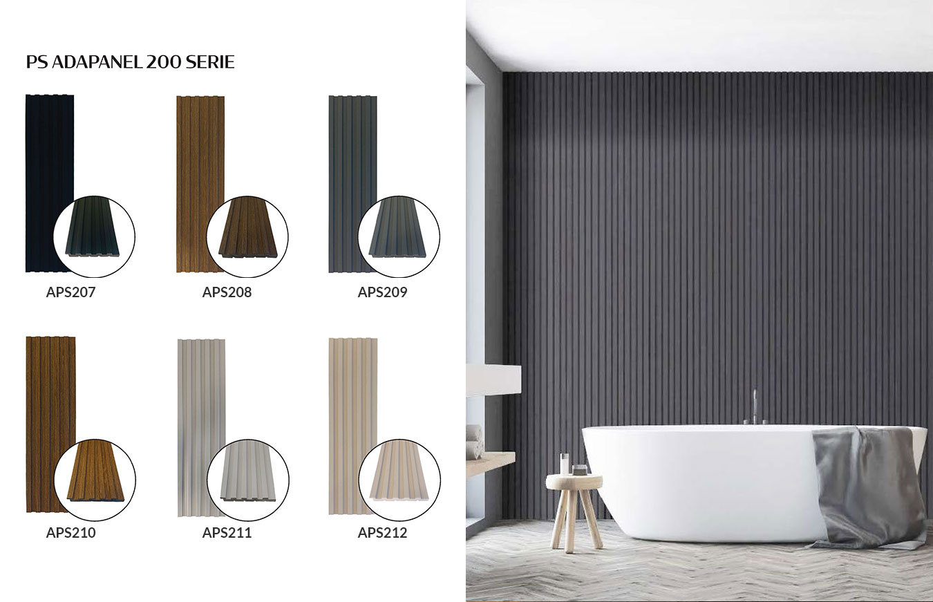Close-up selection of PS Adapanel 200 Series wall panels, demonstrating various wood grain finishes from APS207 to APS212, in a stylish bathtub environment.