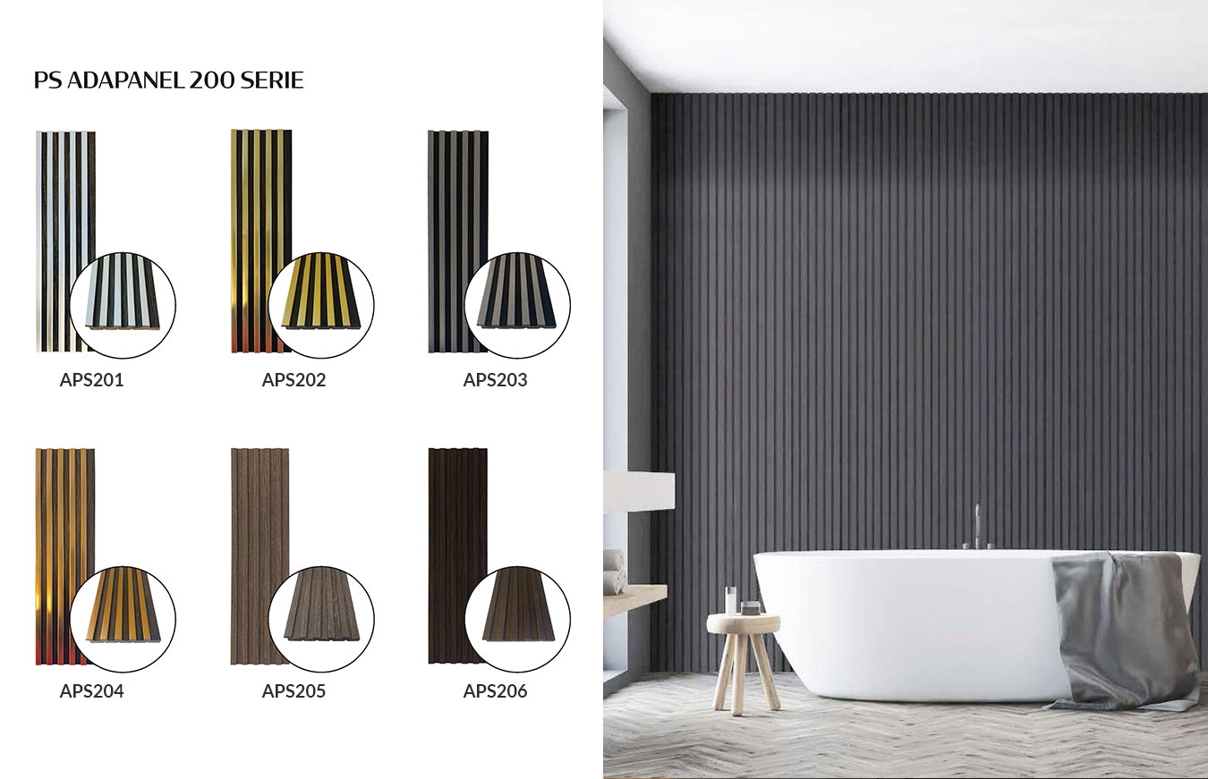 PS Adapanel 200 Series decorative wall panels, displaying options APS201 to APS206 with detailed texture views, featured in a modern bathroom decor.