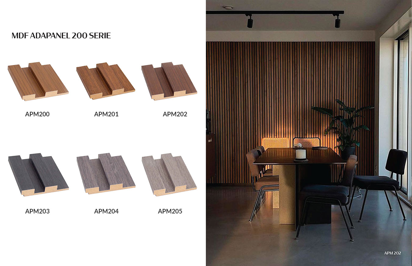MDF Adapanel 200 Series wall panel variants, with models APM200 to APM205, showcased in a sleek dining room interior for a warm ambiance.