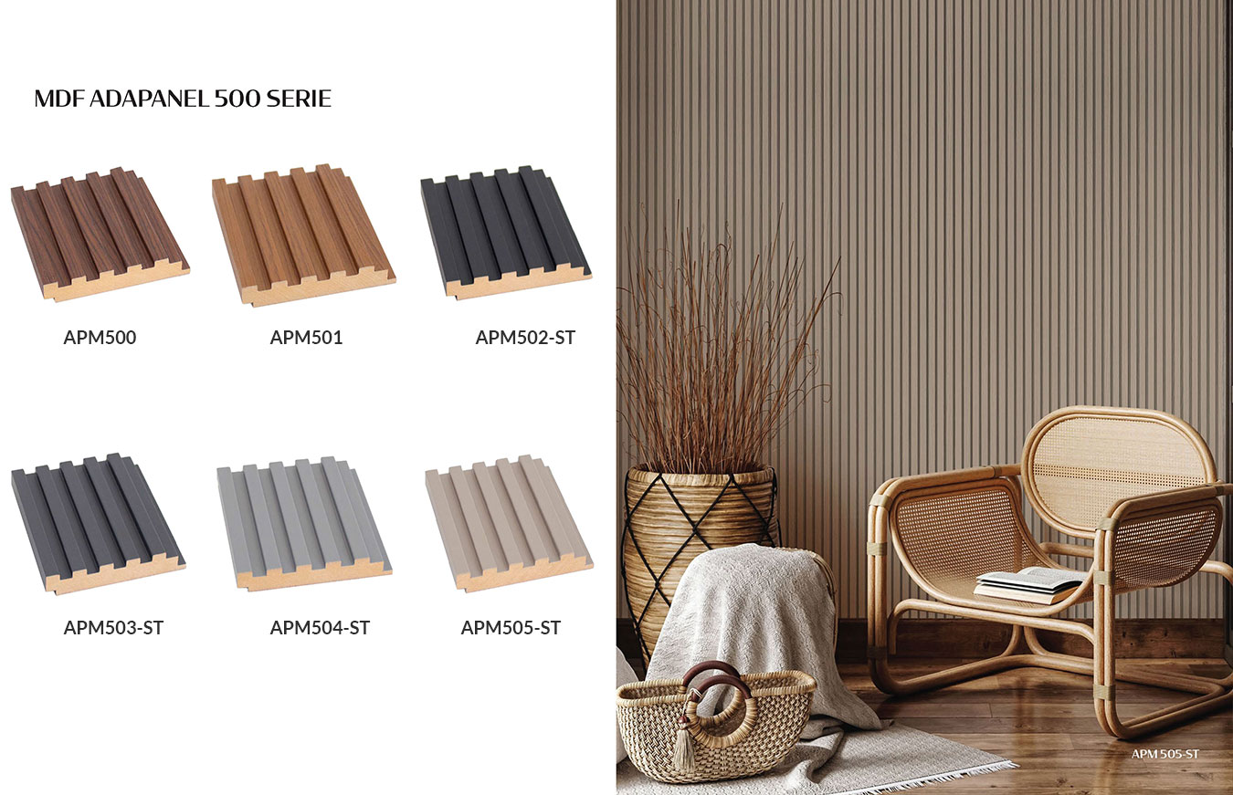 DMDF Adapanel 500 Series wall panel selection, featuring designs APM500 to APM505, in a cozy reading nook with rattan chair and soft lighting.