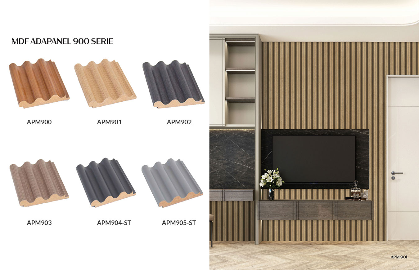 MDF Adapanel 900 Series wall panels, presenting stylish curved patterns from APM900 to APM905, integrated into a minimalist TV lounge area.