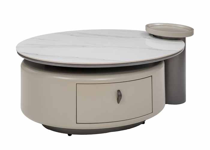 Modern Sovana coffee table featuring a round, white marble top and integrated storage in a beige tone, perfect for contemporary interiors.