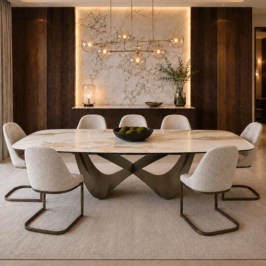 Elegant dining set with beige upholstered chairs around an oval wooden table in a contemporary space with wall art