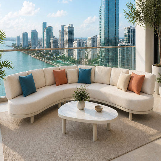 Luxury outdoor patio furniture set with neutral cushions, teak wood accents, and white frames beside a tropical pool