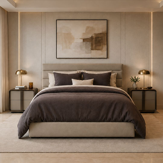 Contemporary bedroom with gray upholstered bed frame, blue and teal accents, minimalist decor, and recessed lighting