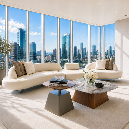 Modern beige sectional sofa with plush orange pillows in a bright Miami living room featuring wooden ceiling accents.