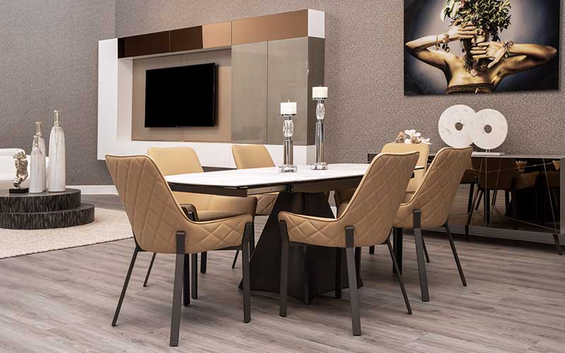 Modern Home Dining Room Furniture. Modern Home Dining Room Furniture.Sleek Marble Top Table and Chairs Upholstered in Beige Eco-Leather.