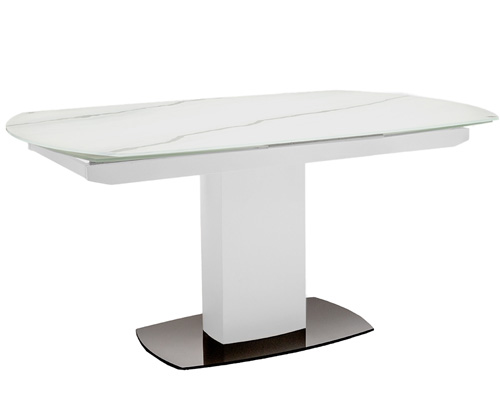  Potenza modern expandable dining table featuring white tempered glass for a clean and contemporary look. Now available at MH2G Furniture Showrooms.