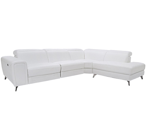 Nicola white leather sectional sofa with smooth double recliner features. Now available at MH2G Furniture Showrooms