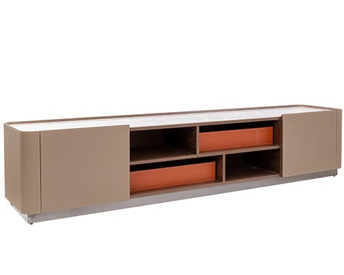 Lunata modern TV unit with elegant leather accents and ample storage space. Now available at MH2G Furniture Showrooms