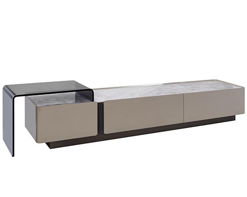 Vinci modern TV unit with a sleek design featuring grey lacquer, marble top and black glass elements. Now available at MH2G Furniture Showrooms.