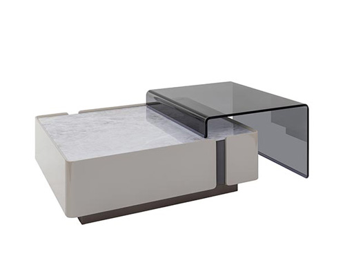  Vinci modern coffee table with a unique design combining marble and glass surfaces. Now available at MH2G Furniture Showrooms.