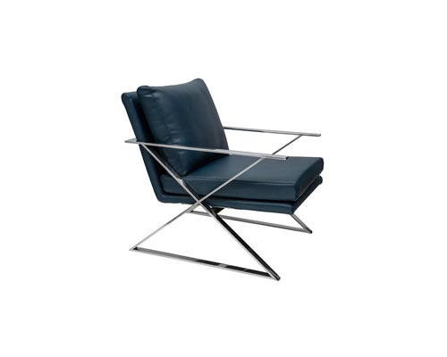 Comfortable and stylish lounge chair available in blue, red or white blended leather with polished stainless steel frame.