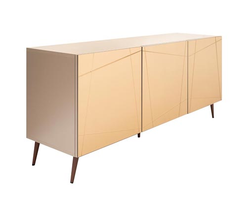 Iside Modern Buffet in taupe-beige finish with brown wood legs and three bronze mirrored doors with inside shelving