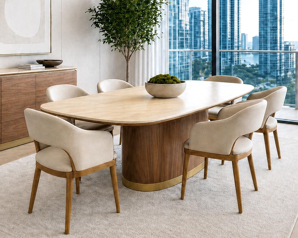Modern dining table styled over a large area rug in a contemporary dining room