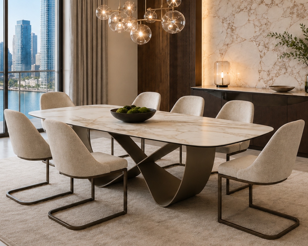 Modern dining table with a sculptural base in a stylish contemporary dining room